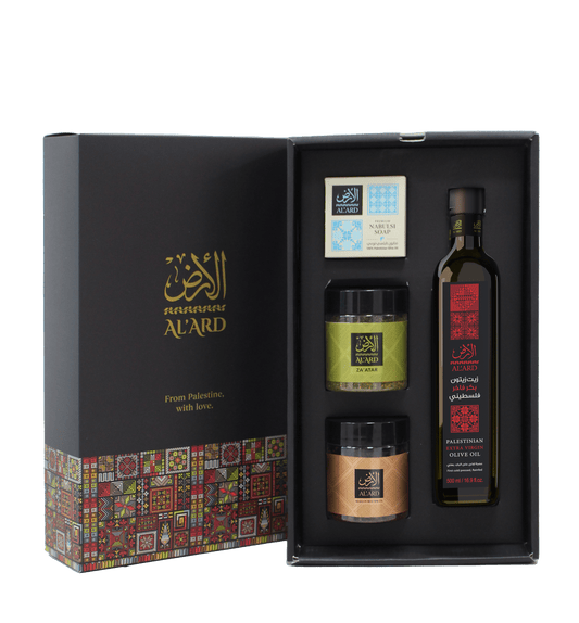 Al'Ard  Premium Gift - Extra Virgin Olive Oil - 500ml + Nabulsi Olive Oil Soap bar 125g + Premium Za'atar Blend 150g + Dukkah Blend 150g